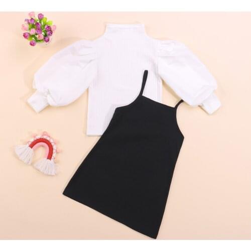 2 Pieces Kids Suit Set, Solid Color Mock Neck Long Puff Sleeve Ribbed Tops+ Slip Dress for Toddler, 1-6 Years
