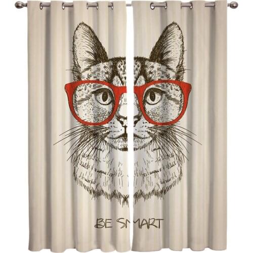 Cat Glasses Red Cute Printing Curtains Living Room Bedroom Home Decoration Suitable for Adult Children Window Curtain