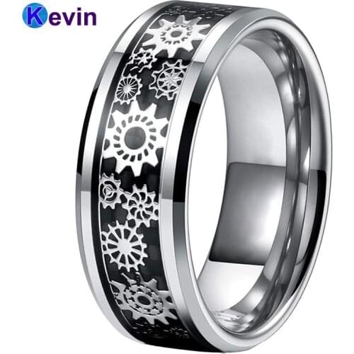 Gear Ring Wedding Band Tungsten Carbide Ring With Mechanical Gear Wheel Black Carbon Fiber Inlay 8MM Comfort Fit
