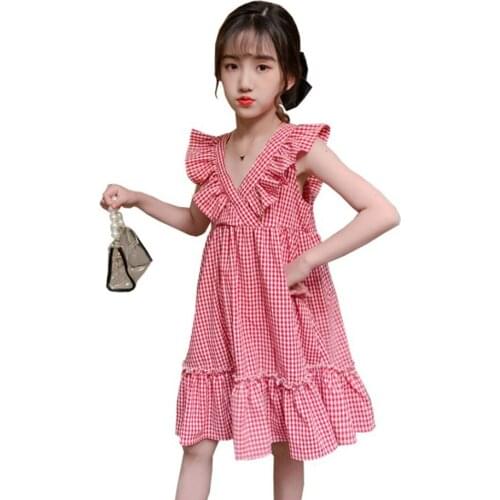 Girls Summer Dress Plaid Pattern Girl Party Dress Ruffles Kid Dress Summer Girls Clothes 6 8 10 12 14
