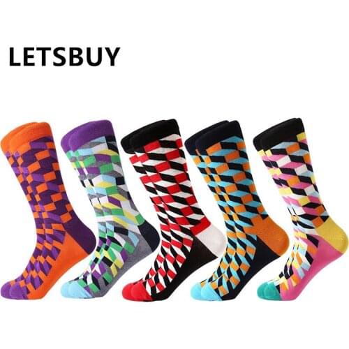 LETSBUY 5 pair/lot funny pattern bright colorful men socks argyle creative party socks casual business dress sokken