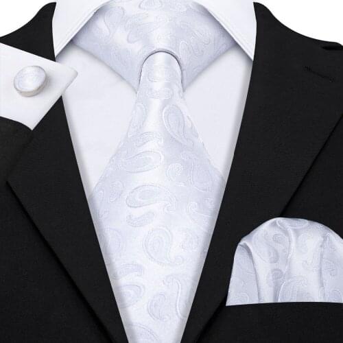 LS-5074 Mens Ties 100% Silk Jacquard Woven White Paisley Silk Ties For Men Wedding Business Hankerchief Cufflinks Neck Tie Set