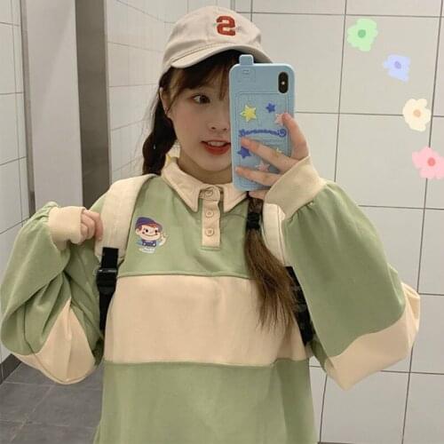 Lapel Stitching Cute Casual Tops Harajuku Loose Vintage Japan College Style Long-Sleeve Kawaii Cartoon Fun Print Women T-shirt