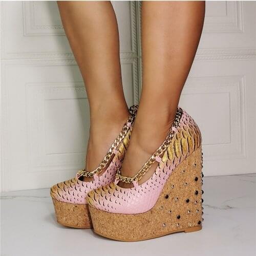 MKKHOU Fashion Single Shoes Women New Pink Snake Pattern Rivet Platform Shoes Ladies Casual Wedges High Heels Shoes Extra Large