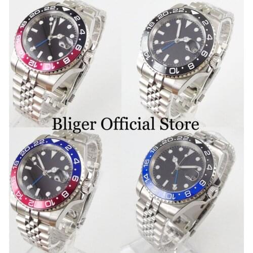 4 Models BLIGER Nologo Self Winding Men Watch Sapphire Glass Blue GMT Hand Rotating Bezel Jubilee Strap