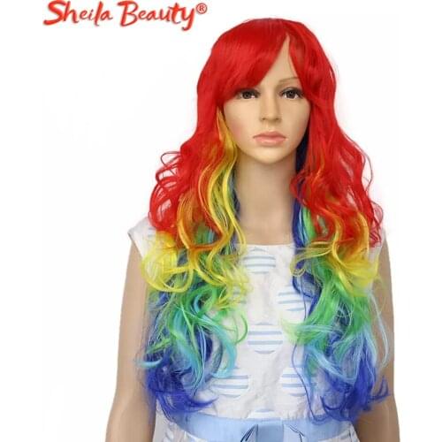 Long Wavy Cosplay Wig Ombre Red Blue Purple Synthetic Hair Deep Wave Wig with Bangs Lolita Wig for Women Black Natural Hair Wig