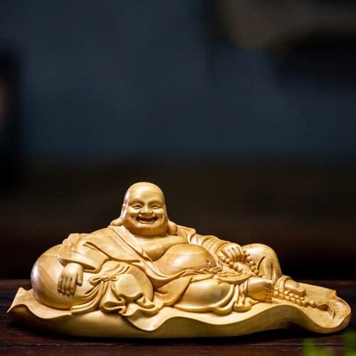 Character Fu Bag Maitreya Solid Wood Boxwood Carving Buddha Statues Crafts Laughing Buddha Mascot Home Decoration Ornaments