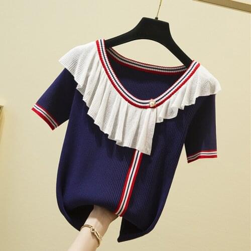 Ruffles Striped Thin Knitted T Shirt Women Camisetas Mujer 2021 Short Sleeve Summer Tops Woman Clothes T-Shirt Tee Shirt Femme