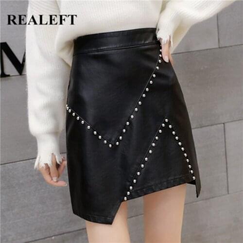 REALEFT New 2020 PU Leather A-Line Skirts Autumn Winter Vintage Rivet Office Wrap Skirts High Waist Sexy Mini Skirts Female