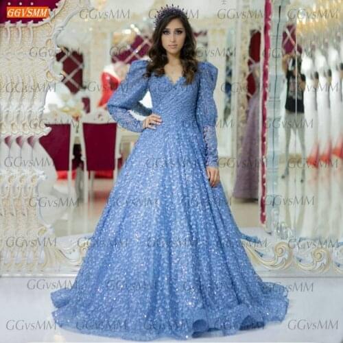 Blue Lace Evening Dresses 2020 robe de soiree Long Sleeves Formal Dress Women Party Gown Custom Made vestidos de fiesta de noche