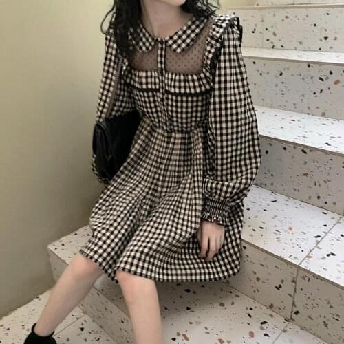 Japanese Soft Sweet Dress Women Patchwork Korean Party Fairy Plaid Dress Elegant Princess Long Sleeve Vintage Dress 2021 Autumn