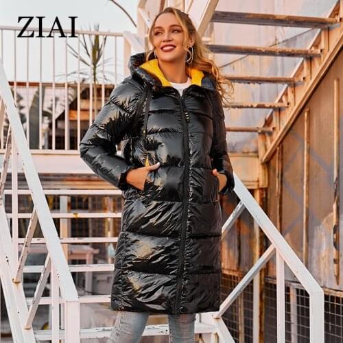 ZIAI 2021 New Winter Womens Cotton Coat Female Long Warm Parka Bright Fabric Double Zipper Pulls Fashion Hooded Jacket ZR-8675