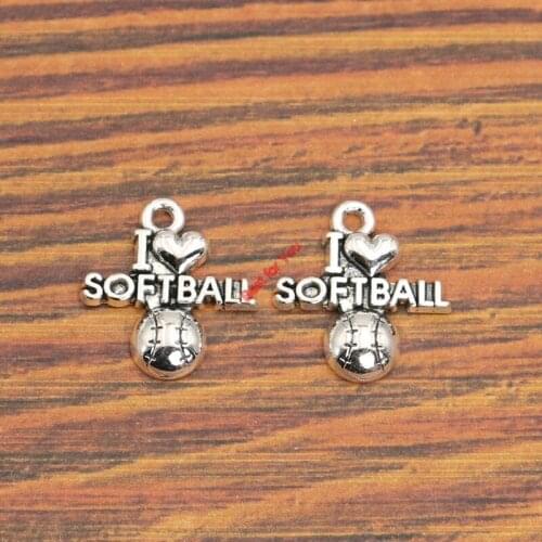 10pcs I Love Softball Charm Pendant fit Bracelet Necklace Tibetan Silver Plated Jewelry DIY Making Accessories 20x20mm