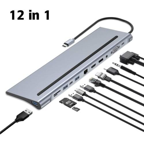 12 In 1 MST Triple Display Hub Docking Station Aluminum Alloy USB-C Adapter 4K DP HD Display 1080P VGA RJ45 Memory Card Readers