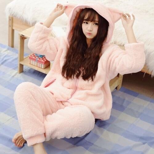 2020 Winter Warm Women Pajamas Fluffy Fleece Onesie Pyjamas Pink Female Sleepwear Hooded Pajama Set Women Home Suit Tedy 50