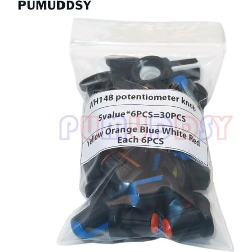 30PCS/lot Potentiometer Knobs 15X17mm 6mm WH148 Potentiometer B10K Color Knob Cap Yellow Orange Blue White Red 5value*6PCS=30PCS