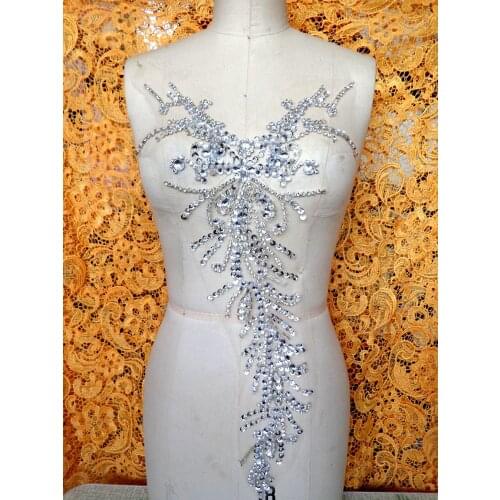 A72 Pure hand made sew on Rhinestones applique silver crystals patches 58*28cm dress accessory