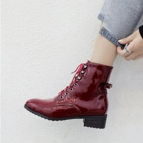 PXELENA Patent Leather Military Biker Combat Motorcycle Boots Women Bwotie Square Med Heels Lace Up Ankle Boots Female