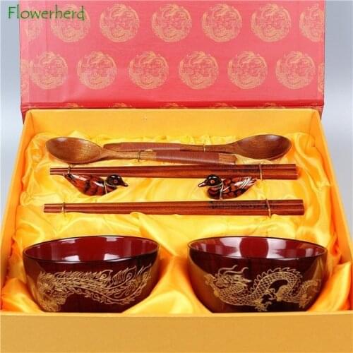 Wooden Tableware Gift Set Dinnerware Set Dragon and Phoenix Wedding Gift Travel Cutlery Set Kitchen Utensils Set Tableware