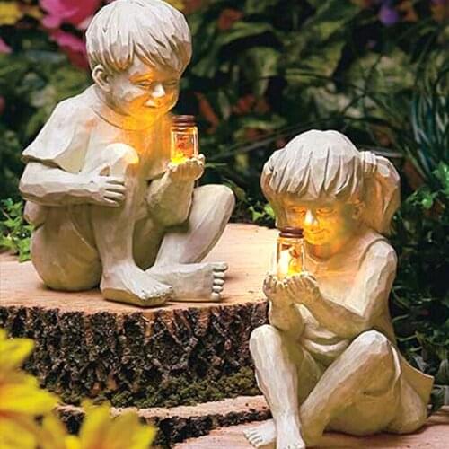 Resin Statue Creative Boys and Girls Ornaments LED Solar Lighted Children Garden Figurines Ornaments Home Decoration Crafts