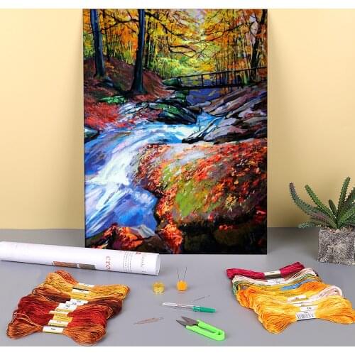 Landscape Stream Printed Canvas 11CT Cross Stitch DIY Embroidery Complete Kit DMC Threads Handiwork Handicraft Sales
