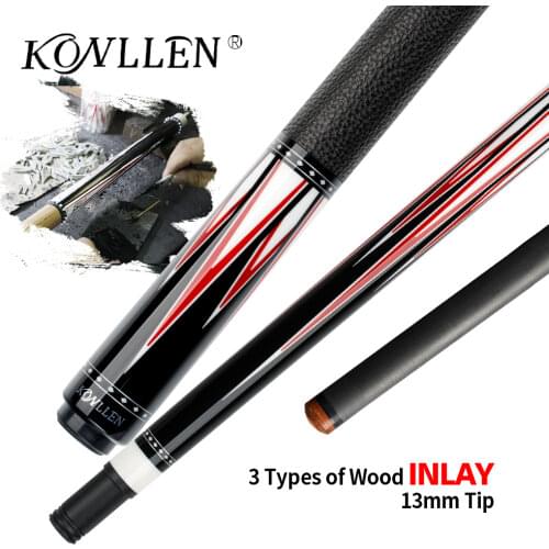 Konllen Carbon Pool Cue 13mm Carbon Fiber Shaft 3*8/8 Joint 4 Pieces in 1 Handmade Solid Wood Inlay Carbon Sheet Butt Billiards