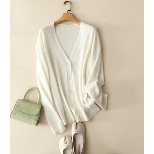 2021 autumn winter stylish 100% cashmere deep v neck cardigan women softness long sleeve buttons chic outerwear knitted warm top