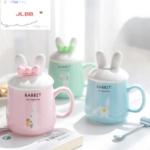 Kawaii 3D Cartoon Rabbit Ceramic Coffee Mug with Lid and Bow Spoon Porcelain Drinking Cup Coffee Milk Tea Cup