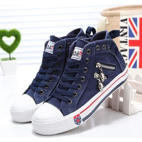 Spring Denim Sneakers Women Canvas Shoes Zipper Fashion Lace Up Flat Platform Shoes High Top Autumn Female Vulcanize Shoes Woman