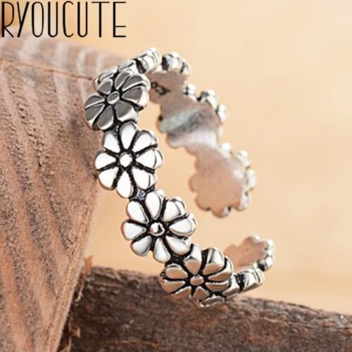 Simple Style Real Silver Color Flower Retro Rings for Women Gifts Wedding Jewelry Large Antique Finger Rings Anelli