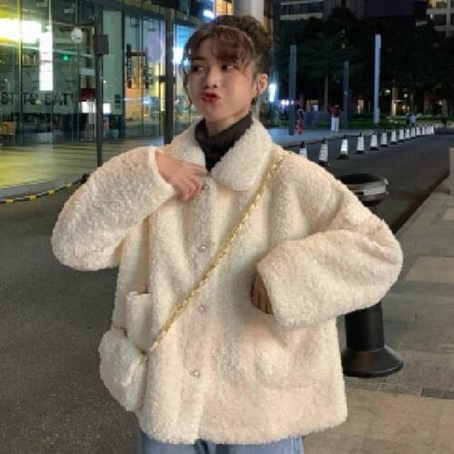 New Lambswool Large Sizes Coats Sheepskin Plush Loose Warm Cozy Shirt Jacket Faux Fleece Button Pocket Outerwear Fall Winter