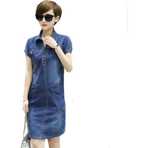Summer Ladies Dress Denim Casual Style Slim Short-sleeved Vintage Denim Dress Large size 6XL Female Thin Jeans Dress With pocket