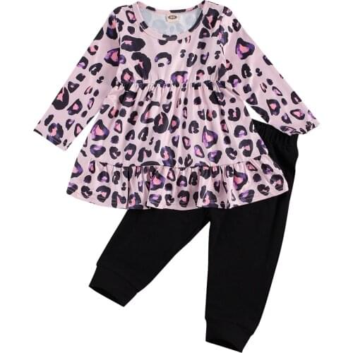 Kids Girls Fashion 2-piece Outfit Set Long Sleeve Leopard Top+Pants Set for Children Baby Girls