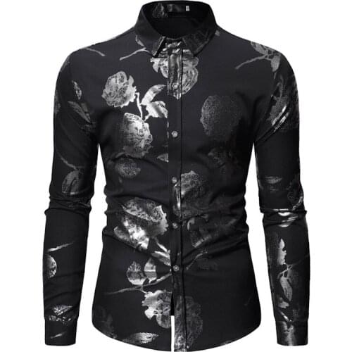 Mens Bronzing Floral Print Shirt Hipster Slim Fit Button Up Shirt Men Long Sleeve Chemise Homme Party Wedding Prom Dress Shirts