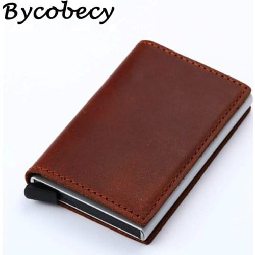 Bycobecy 2019 Men Genuine Leather Wallet Crazy Horse Leather Card Holder Vintage Purse Rfid Aluminium Business ID Card Holder
