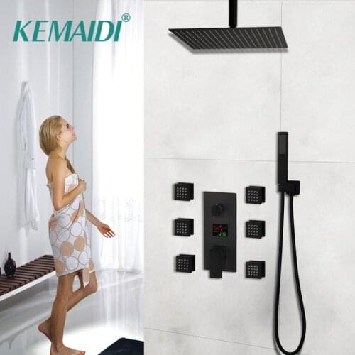 KEMAIDI 8/10/12 /16 Inch 3-way Black Shower Faucets Set Rainfall Shower Head Digital Temp Display Mixer Tap Swivel Tub Shower