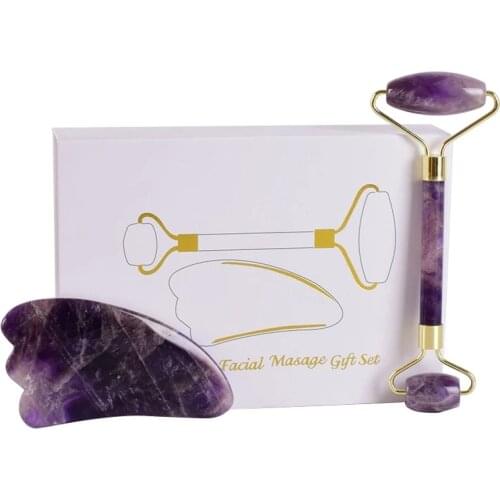 Natural Amethyst RollerJade Set Real Jade Gouache Scraper Jade Massager Gua Sha Board Facial Massager Face Horn Massages Roller
