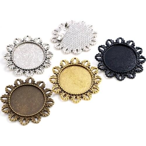 New Fashion 5pcs 25mm Inner Size 4 Colors Plated Flower Brooch Cameo Cabochon Base Setting Charm Pendant