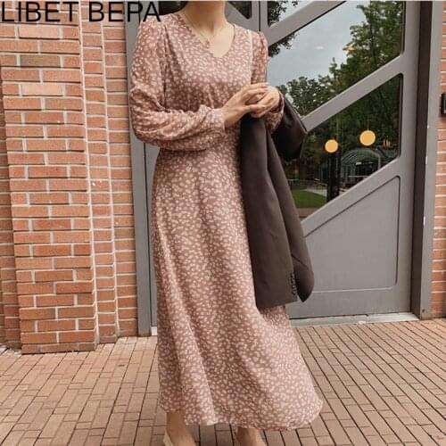 2021 New Spring Autumn Women Dresses V-Neck High Waist Floral Lace Up Casual Fashionable Chiffon Vintage Long Dress DR3223