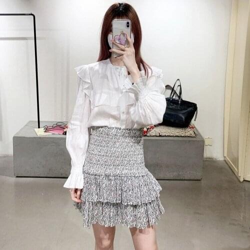2021 Autumn New Romantic Ruffled Buttoned Trumpet Sleeve Two-color Loose Top Shirt
