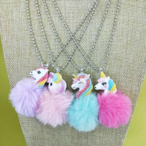 5 Styles Cute Unicorn Rainbow Multicolor Plush Ball Pendant Necklace For Childrens Birthday Gifts Fashionable Necklace