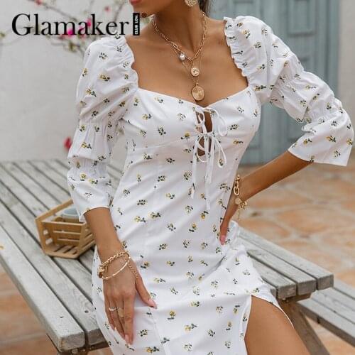 Glamaker Puff sleeve holiday beach lace up dress Women high split fashion midi dress Square collar elegant floral printed dress