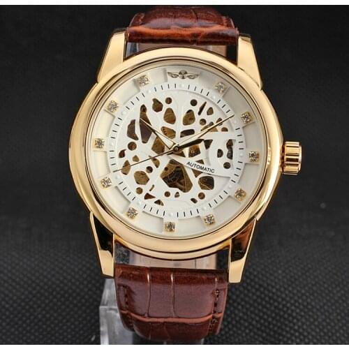 WINNER Brand Leather Luxury Golden Case Skeleton Diamond Scale Dial Mechanical Automatic Casual Men Women Watch