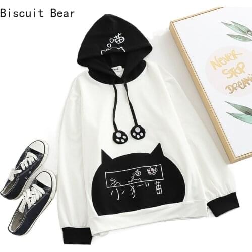 Casual Young Women Hoodie Harakuju Cat Embroidery Hoody Sweatshirt 2021 Summer Cotton Pullover Sweet Style Female Kawaii Top