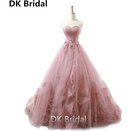 Luxury Blush Pink Wedding Dress Flowers Pearls Wedding Dresses 2019 Court Train Lace Up Back Bridal Dresses Vestidos de novia