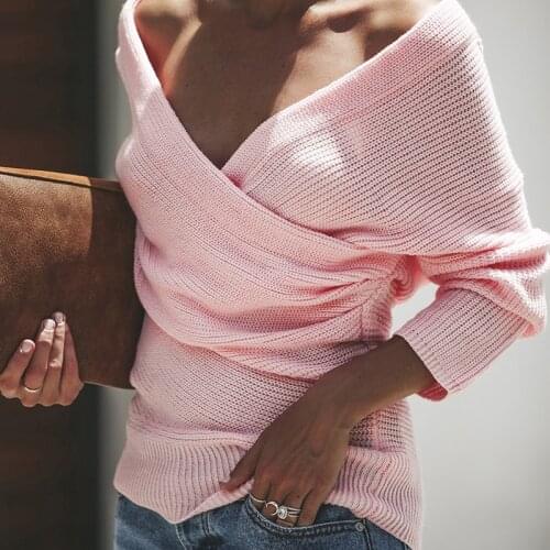 Sexy Cross V-Neck Sweater Long Sleeve Off The Shoulder Sweater Women Knitted Tops Autumn Winter Pullover Backless Pink Sweater