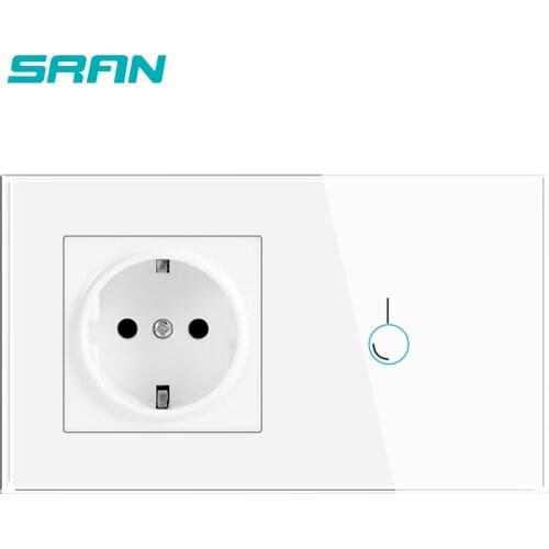 SRAN Touch sensor switch with socket crystal glass panel 110~250V 16A 146*86 wall socket with Light Switch 1/2/3Gang 1Way