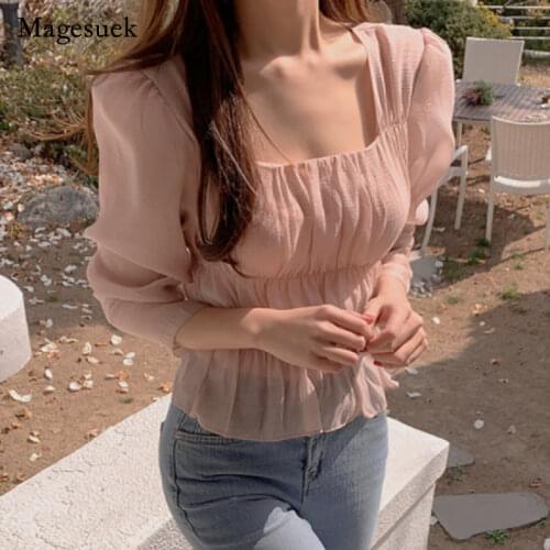 Spring Autumn 2021 Vintage Square Collar Mesh Blouse New Pullover Long Sleeve Blusas Women Solid Slim Fit Wild Tops Shirt 15484