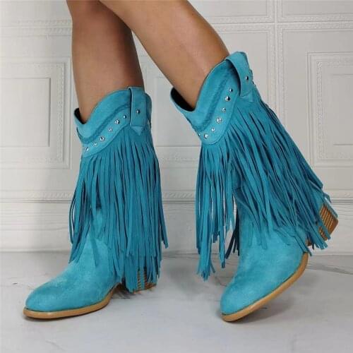 Western Style Mid Calf Femme Autumn Winter Genuine leather Plush Fringe Boots For Woman Height Increasing 2021 Cowboy Botas
