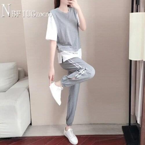 Casual Women Sets Summer 2021 New Fashion Loose Fake Two Pieces T Shirt And Pants Female Sets